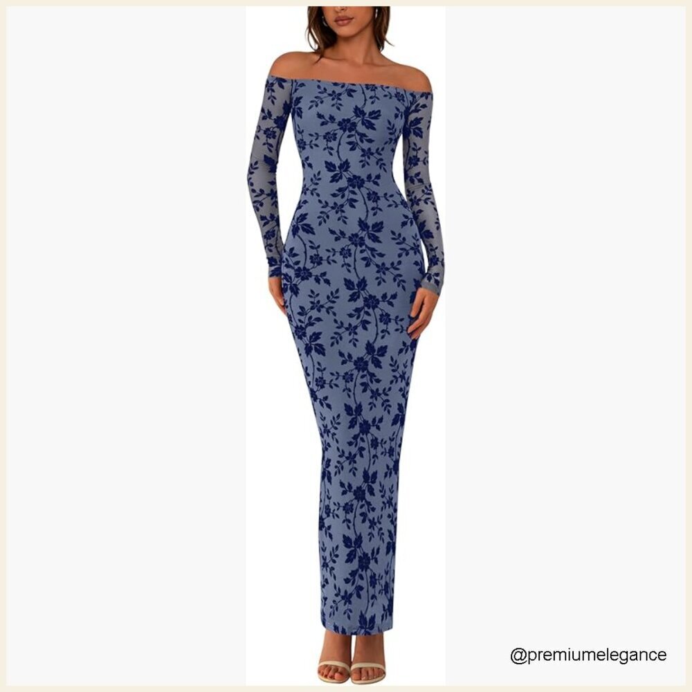 Off Shoulder Mesh Maxi Bodycon Dress Long Sleeve Formal Wedding Guest